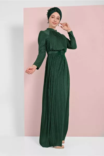 Women's Green (EMERALD) Glitter Pleated Evening Dress 