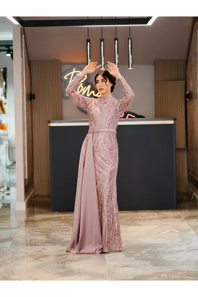 SATIN TAIL STONE EMBROIDERED HIJAB EVENING DRESS