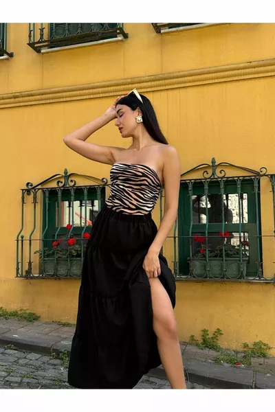 Черна основна плисирана дамска дълга пола 