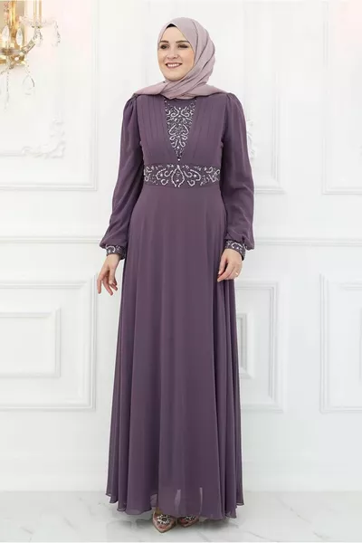 WOMEN'S PURPLE (LAVENDER) STONE EMBROIDERED EVENING DRESS T 