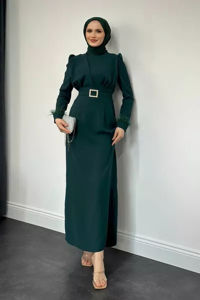 Stell Sleeves Feather Detail Pen Evening Dress Emerald