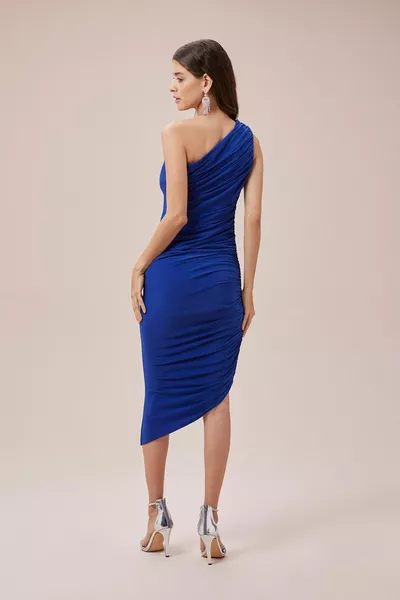 TR النيلي الأزرق واحد الكتف رايات ميدي طول جيرسي اللباس