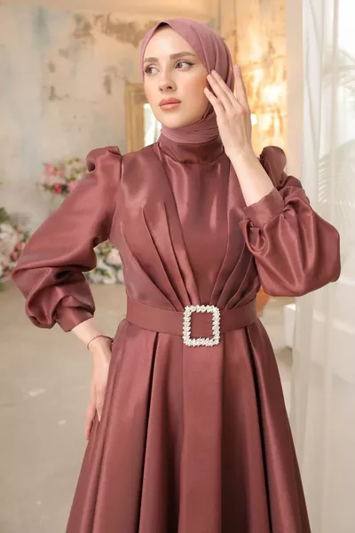 Brown Balloon Sleeve Draped Evening Dresses