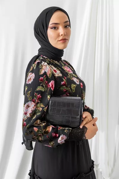 Lined Chiffon Fabric Floral Patterned Velvet Textured Midi Length Hijab Evening Dress 