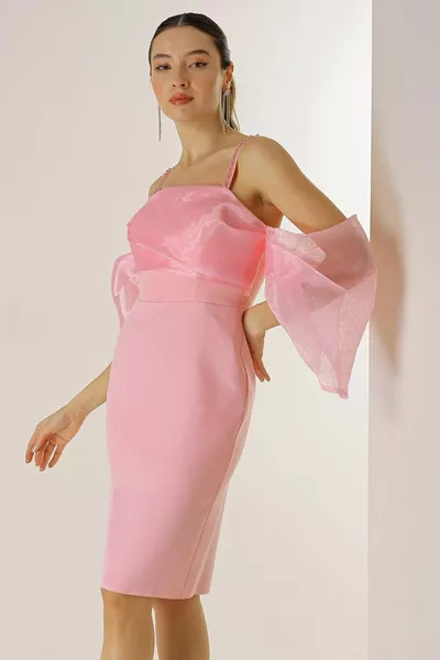 Мъниста Детайл Каишка От Органза Подплатена Креп Рокля с нисък ръкав