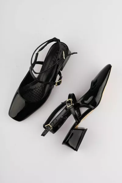 Women's Mary Jane Black Patent Leather Open Back Square Toe Hard Hat Short Block Heels New Season