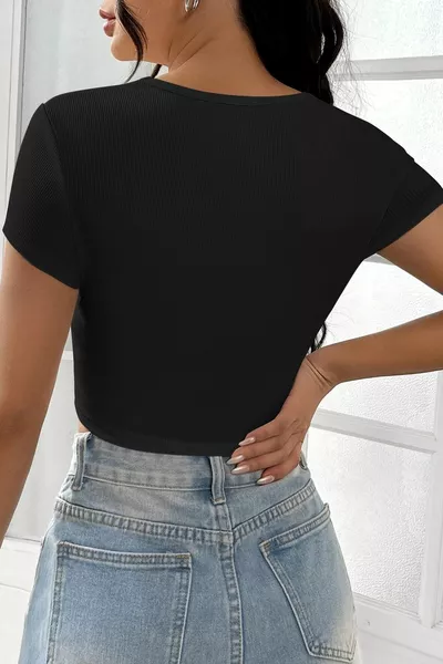Women's Black Half Sleeve Straight Neck Crop Top Blouse