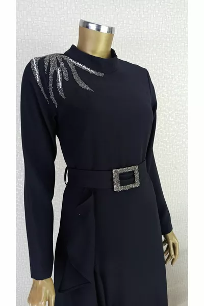  schouder Stone gedetailleerde taille taille taille en stenen volant volant Zero hals jurk Qks avondjurk ##