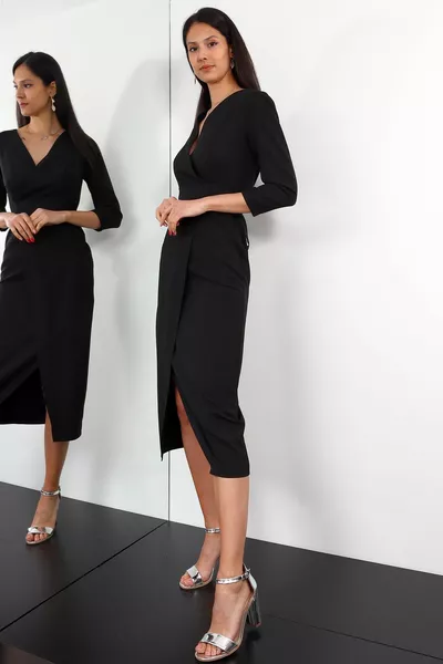 المرأة السوداء مزدوجة الصدر طوق كابري الأكمام التفاف تنورة مربوطة الظهر كريب النسيج منتصف طول مساء اللباس