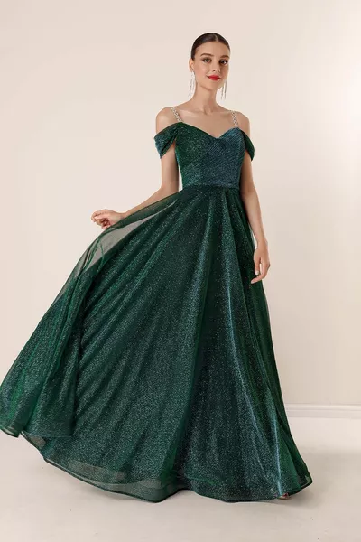 Cinturino Manica Bassa Foderato Ampia Gamma di Taglie Abito Glitterato Lungo