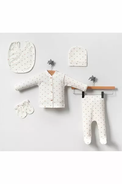 5 Parça Yeni Doğan Zıbın Set Hastane Cıkışı Fitilli Ekru Kumaşa kahve Kalpli Kutulu