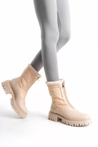 المرأة جلد طبيعي الجبهة سستة الياقة المدورة الفراء مفصلة الأحذية عالية النعل