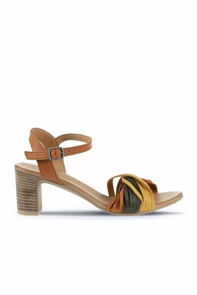 Yellow Multi Leather Women's Heeled Sandals 