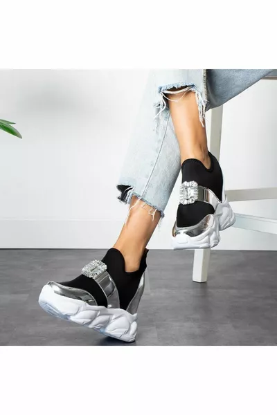 Silver black women's sneakers with stones on the front high heels [] cm
