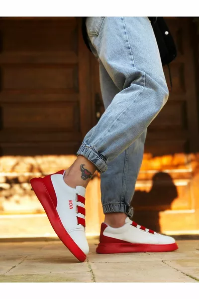 Мъжки бели червени ежедневни удобни маратонки с три презрамки Дебела ежедневна подметка Стилни обувки за ходене