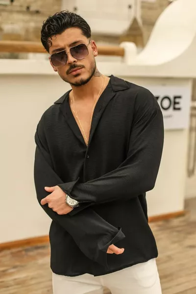 الرجال محكم ايروبين كم طويل أسود الكتان قميص كبير الحجم