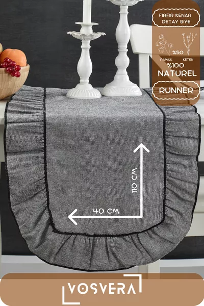 Naturbaumwolle-Leinen-Runner mit Vintage-Rüschen, geschwungenen Details und Paspel,  x  cm