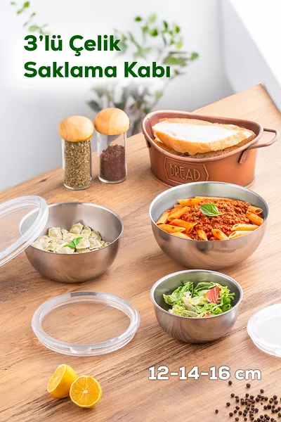 Parma 3-Piece Transparent Leak-Proof Lid Stainless Steel Mixing and Storage Bowl Set ( CM)