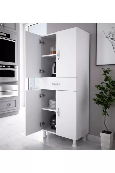 Armadio da cucina con 4 ante e cassetti, armadio da bagno, mobile multifunzione bianco