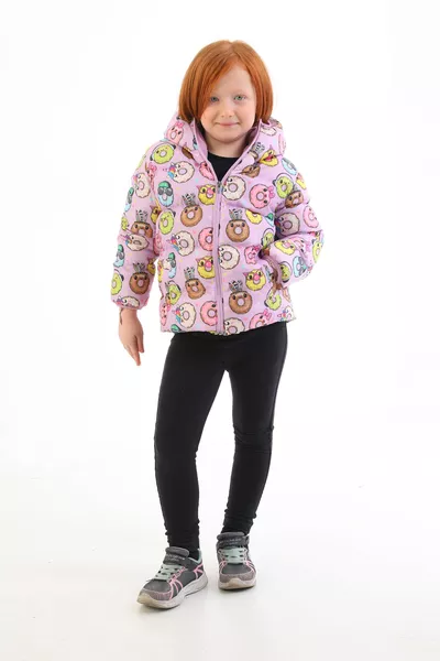 Girls' Winter Puffer Jacket with Hood and Fleece Lining, Doughnut Pattern