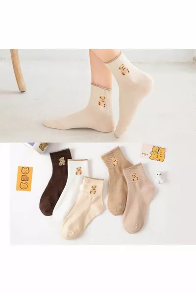 Kadın Renkli Bear Desenli Patik Çorap Seti - Şık Ve Rahat Ayaklar İçin Patik Çorap 5 Çift