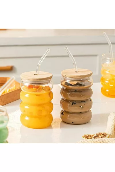 2 Pieces Heat-Resistant Glass Cups with Straws, Wooden Lids, Striped, Ribbed Design for Coffee or Juice