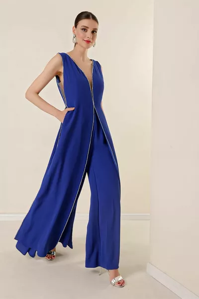 V-neck thick straps front and side tulle details double side and middle stone detailed jumpsuit saks