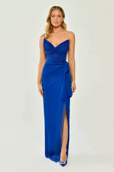 Alpha Beta Strapless Side Slit Long Evening Dress