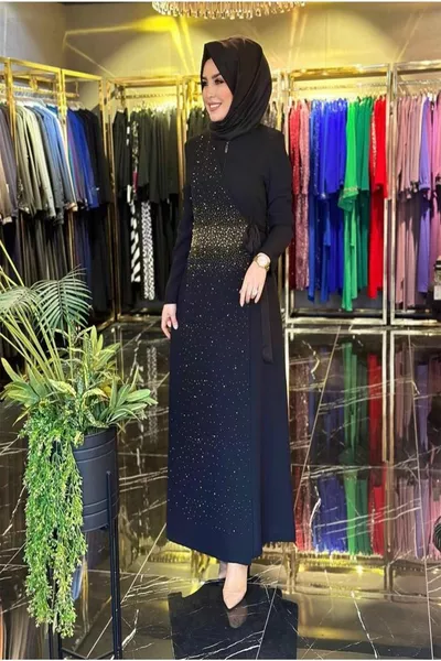 Zippered Side Tie Plus Size Hijab Evening Dress with Sprinkling Stones