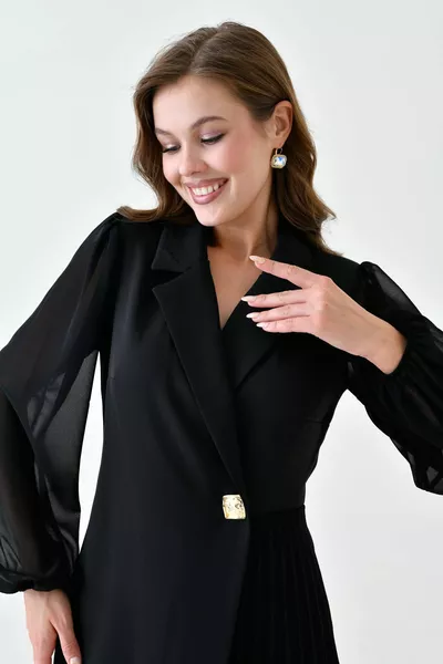 المرأة مزدوجة الصدر سترة طوق تنورة مطوي تول مفصلة طويلة الأكمام أسود مساء اللباس 