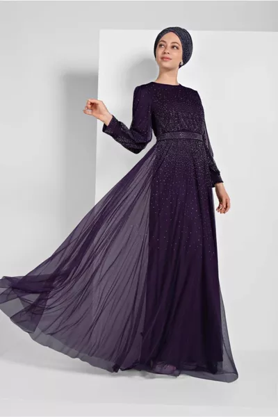 Women's Purple Sequined Glitter Evening Dress 