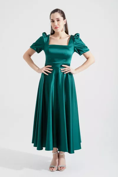 المرأة الزمرد الأخضر مربع الرقبة بالون الأكمام ميدي مساء اللباس