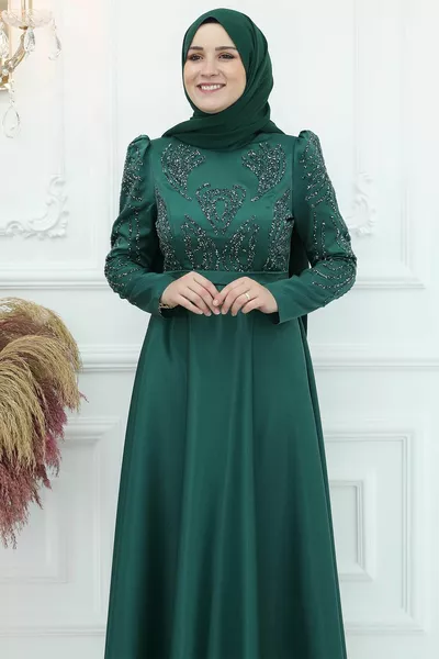 Robe de soirée asiatique en satin émeraude