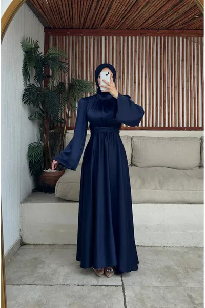 LONG HIJAB EVENING DRESS WITH SATIN SLEEVES FLOUNCED