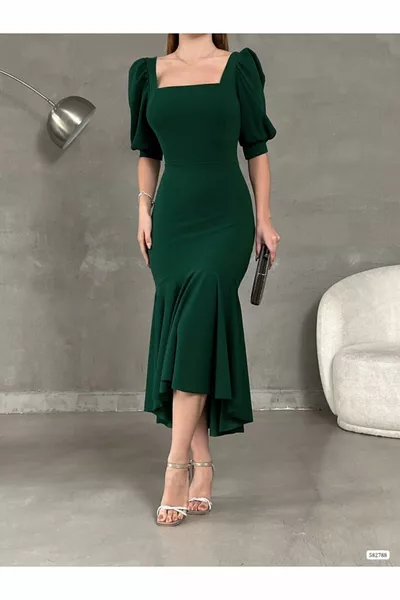 الأميرة كم تنورة انتفخ مربع الرقبة ميدي طول كريب النسيج مساء اللباس الزفاف الخطوبة دعوة الوعد