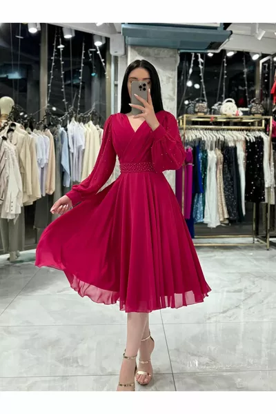 Estelle Pearl Belted Midi Length Chiffon Dress-Fuchsia