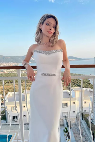 Chest and Waist Stone Strapless Skirt Detailed Midi Length Evening Dress