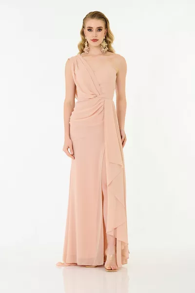 مسحوق الشيفون شق كتف واحد فستان سهرة طويل