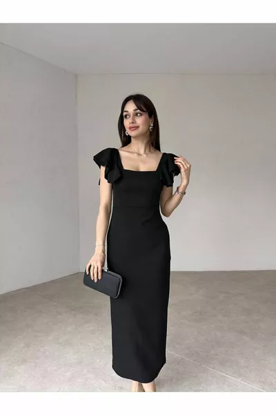 Квадратно деколте ръкав подробни цепка Атлас плат Midiboy черна рокля