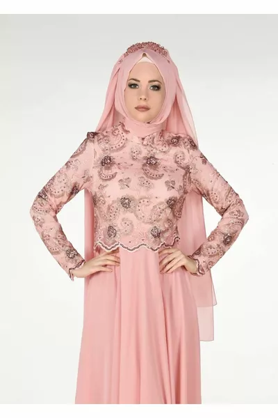 المرأة مسحوق (السلمون) المهيمنة طوق الأزهار مطرزة مساء اللباس 