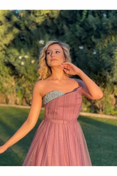 Lavendel Trägerlos Spitzer Kragen Einzelne Brust Stein Gürtel Silber Tüll Langes Neues Saison Abendkleid  