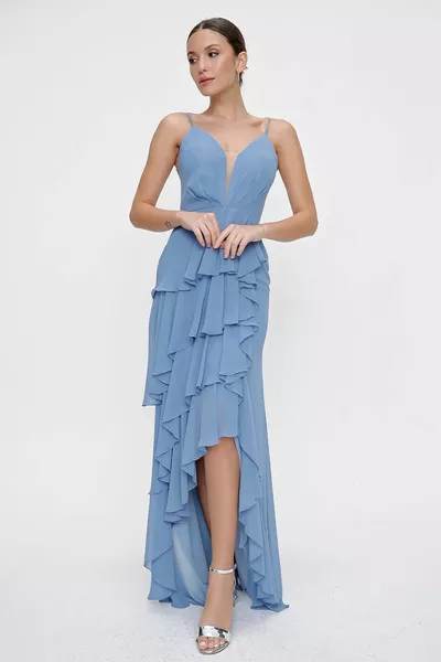 حبل حزام الطبقات انتفخ اصطف الشيفون فستان طويل النيلي