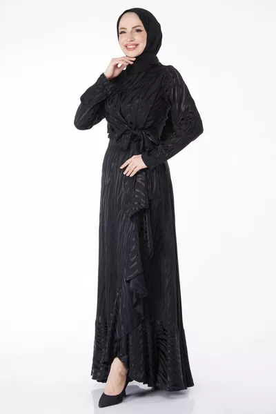 Düz Bisiklet Yaka Kadın Siyah Varaklı Abiye Elbise - 