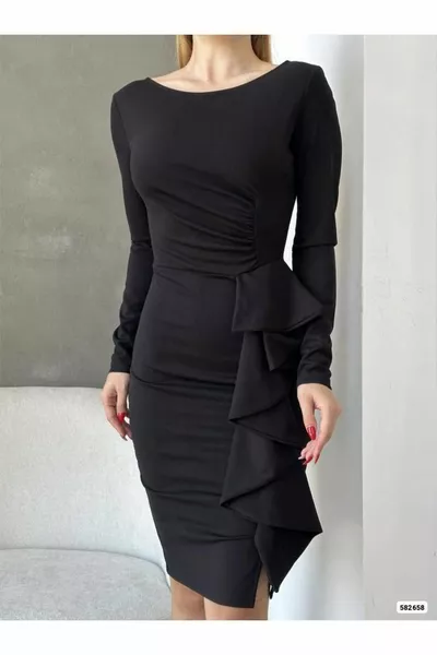 Round Neck Back Low-Cut Long Sleeve Flounced Ruffle Detail Dress