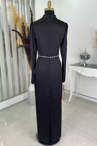 Gedrapeerde Front Stone Stripe Detail Pen Model Satijnen Nare Avondjurk - Zwart