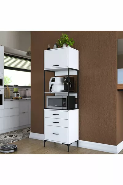 Rani  Çok Amaçlı Dolap 1 Kapaklı 3 Çekmeceli Kiler Mutfak Dolabı Beyaz