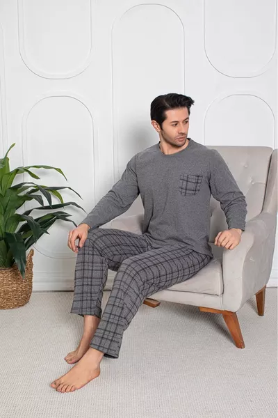 Ercan Herren Graues Pyjama-Set mit oberer Tasche