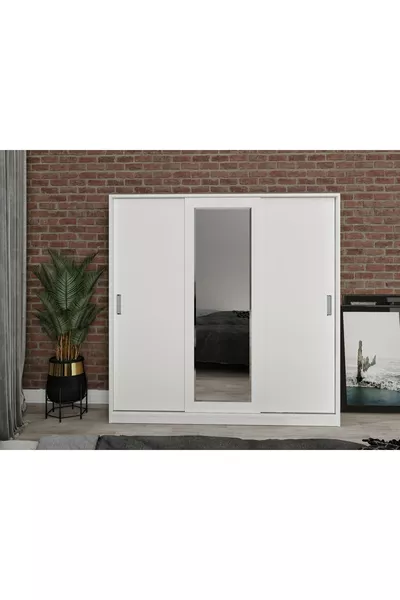 Armoire à vêtements Samira en MDF avec portes coulissantes et miroir blanc - MDF de première qualité