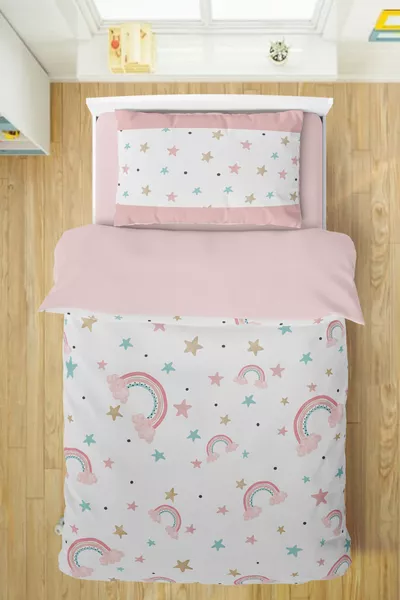 طقم غطاء لحاف للأطفال مع شرشف بنقشة قوس قزح وردية طقم لحاف لغرفة الأطفال