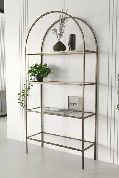Bibliothèque en verre à 4 étagères, couleur laiton vieilli, pieds en verre trempé transparent